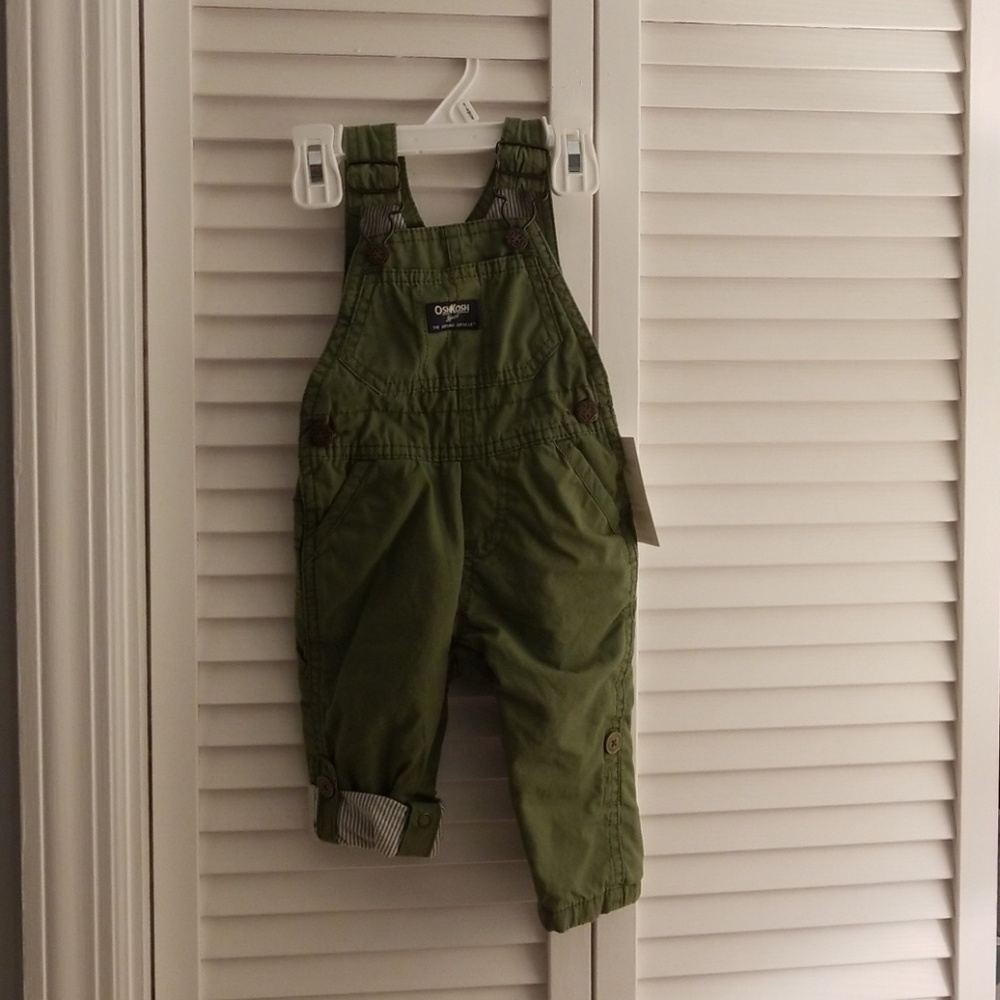 Osh Kosh B'gosh kids overalls green seersucker 3/6